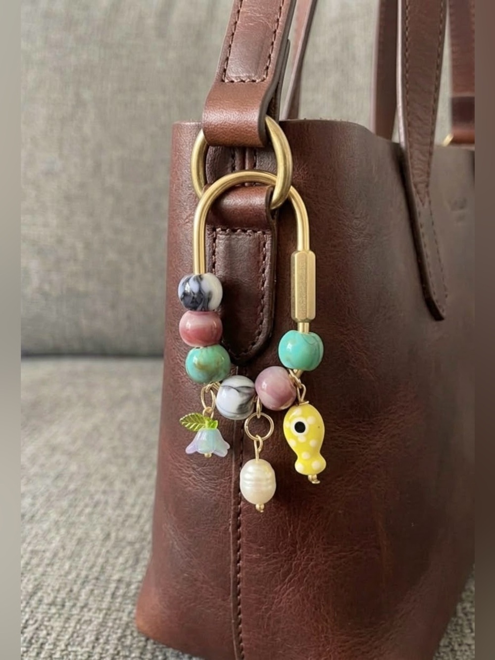 Beaded Carabiner Bag Charm Keychain with Yellow Fish Detail